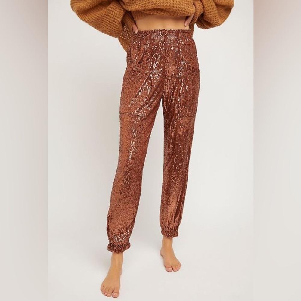 Free People Sequin Rose Gold/Bronze Pants Women’s Size Large (L)